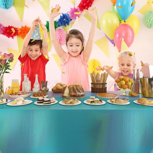 4 Pack Iridescent Plastic Tablecloths - Sparkly Foil Disposable Covers for Rectangle Tables | 54 x 108 Inch