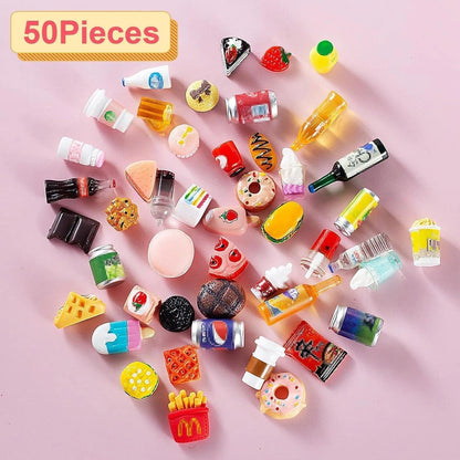 Skiennix Miniature Food & Drink Bottles Set - 50 Pcs for Dollhouse Play | Includes Soda Cans & Desserts