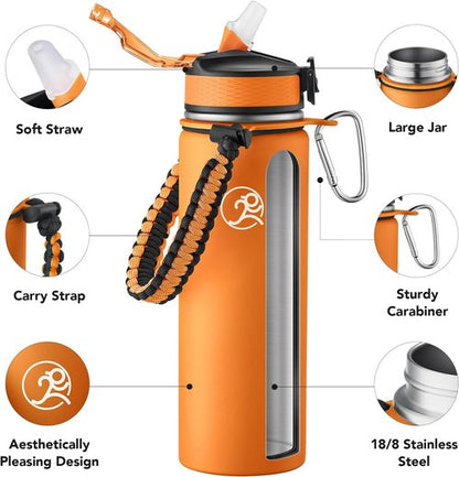 GOSWAG Insulated Sports Water Bottle - 24oz Stainless Steel with 2 Lids & Paracord Handle