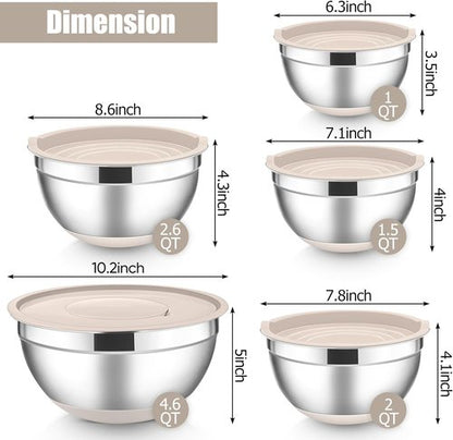 E-far Stainless Steel Mixing Bowls Set - 5-Piece Nesting Bowls with Lids & Grater Attachments | Khaki