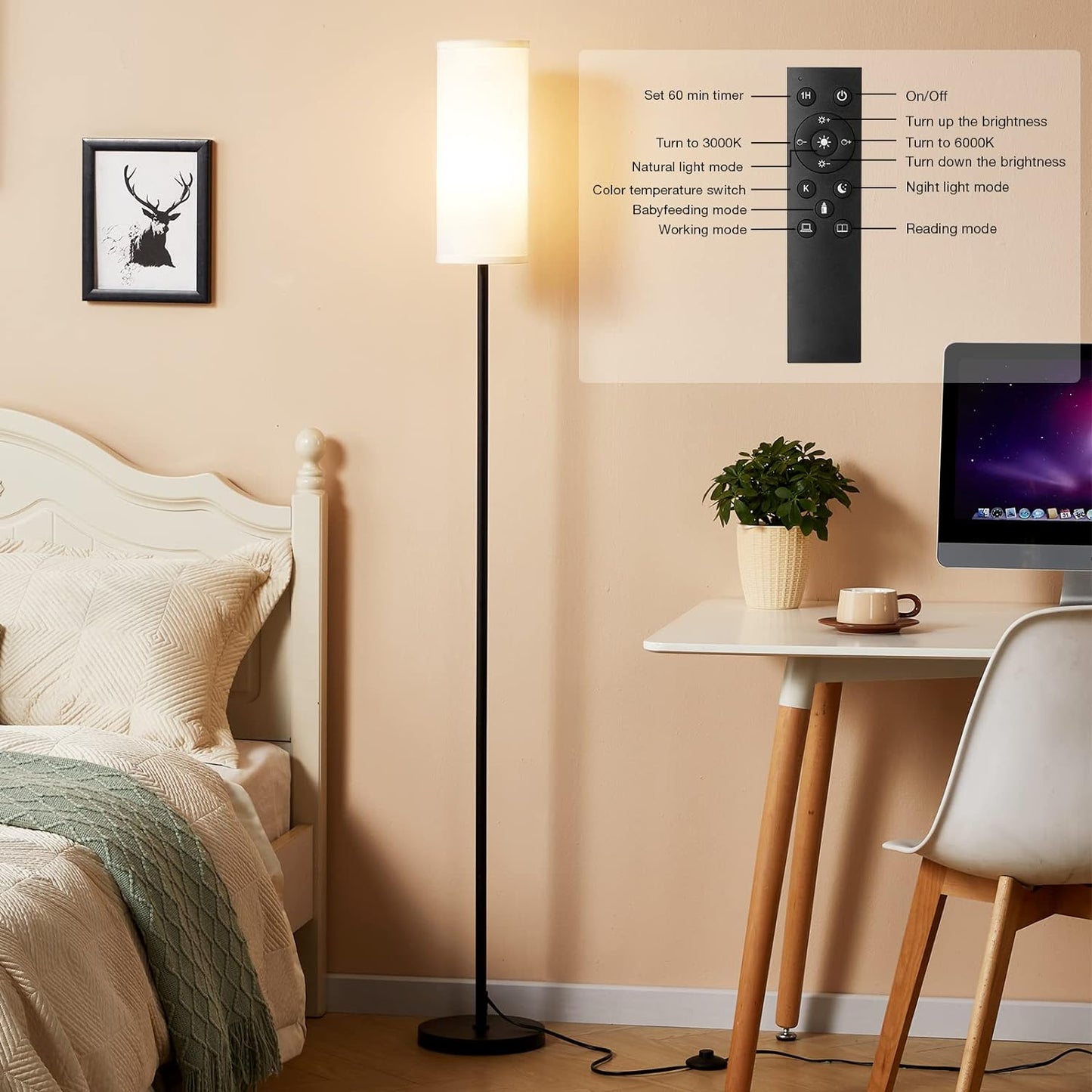 Ambimall Modern Floor Lamp - 64" Adjustable Standing Lamp with Remote Control & Dimmable Colors | Ideal for Living Room, Bedroom, Office