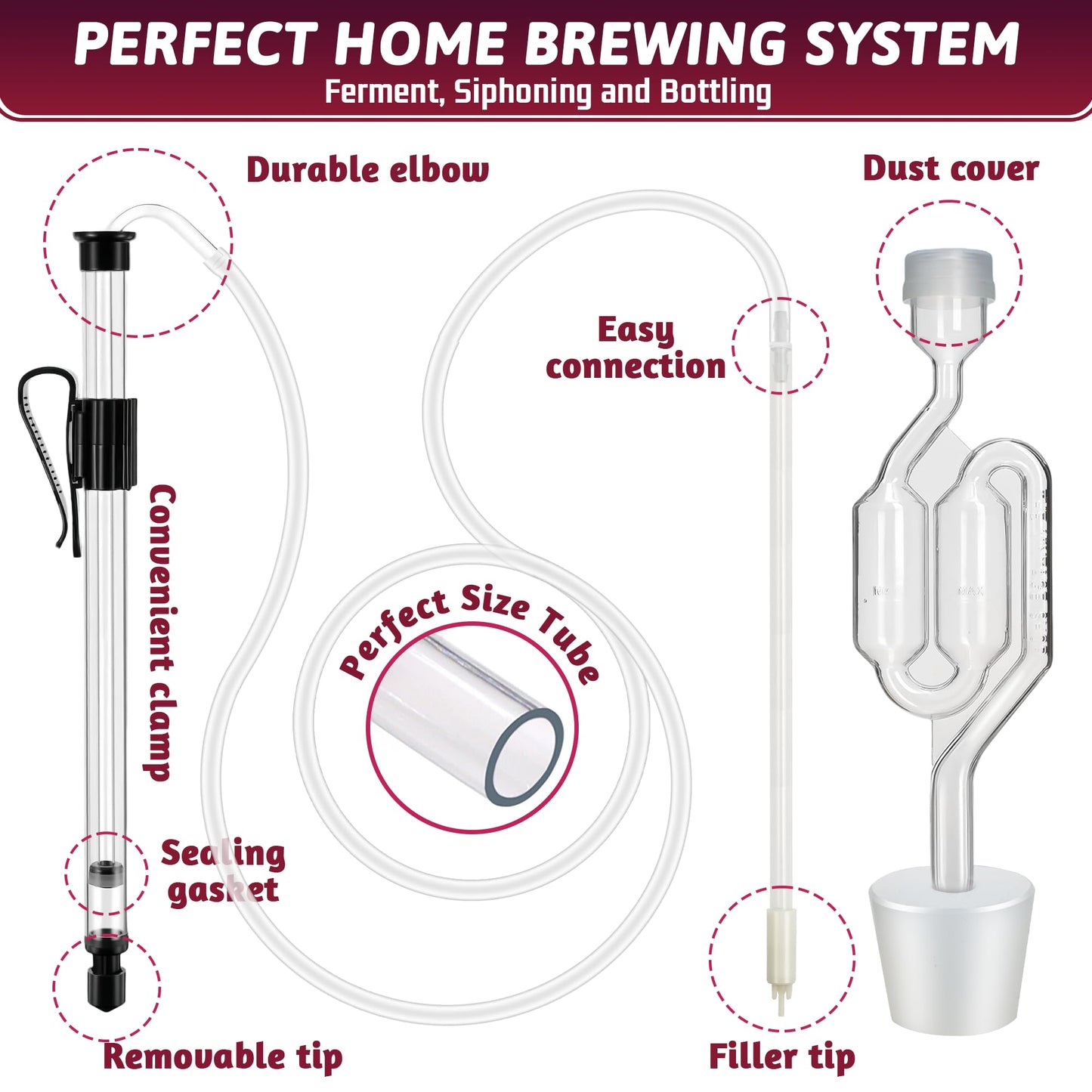 LURKA Wine & Mead Making Kit，Siphon Pump with 6 Feet of Tubing, Bottling Wand, Clamp, Bubble Airlock and Drilled Stopper，Wine Making Supplies for Beginners，Wine Wand and Auto Siphon Included