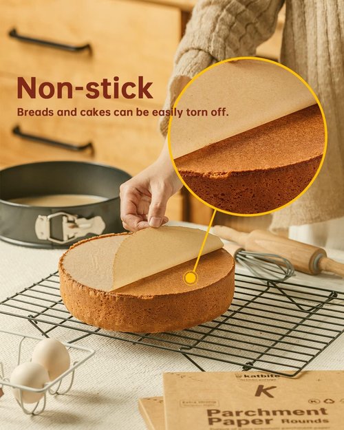 Katbite 200 Pcs 9-Inch Unbleached Parchment Paper Rounds - Non-Stick Precut Circles for Cheesecakes & Burgers