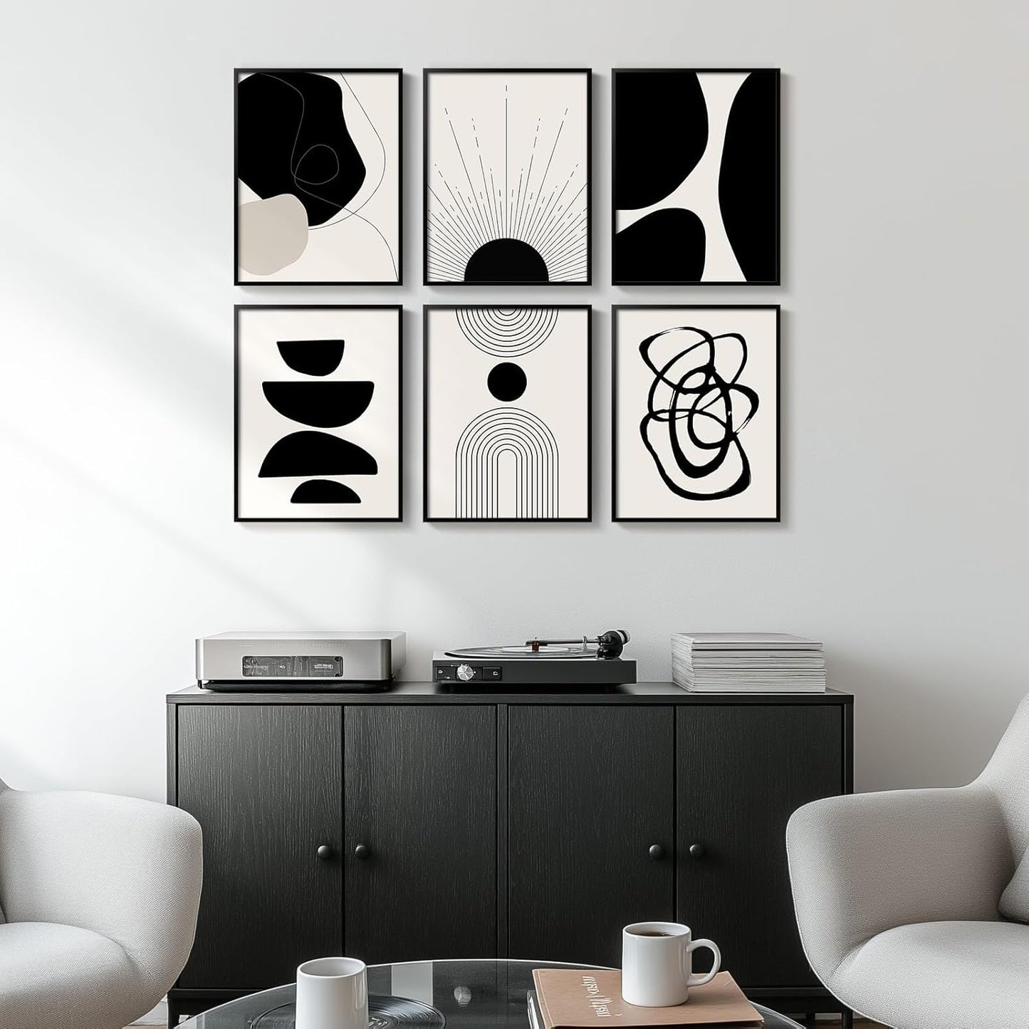 Skiennix Framed Boho Black and White Abstract Wall Art - Set of 6 Modern Canvas Prints | 11x14 Inch Decor