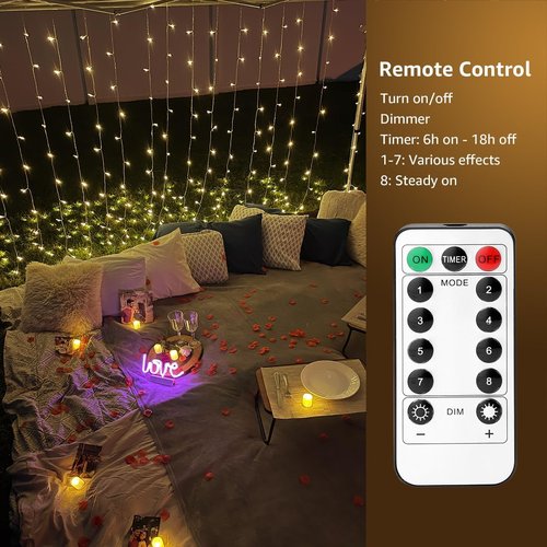LE Fairy Curtain Lights - 300 LED Battery Operated & USB Plug-In String Lights | 10 x 10 ft for Bedroom, Wedding, Patio
