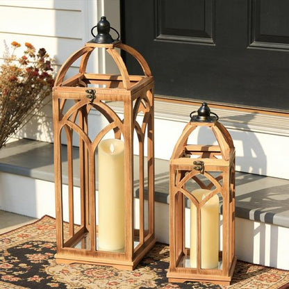 DECORKEY Large Wooden Lantern Set - Rustic Indoor & Outdoor Candle Holders | 30’’/20’’H, Natural Wood Finish