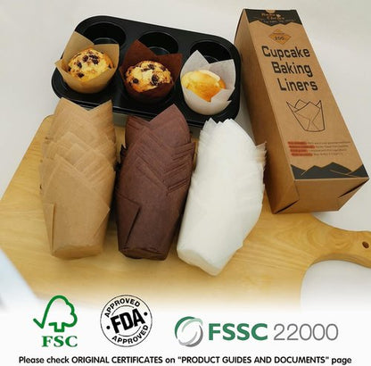 Bake Choice Tulip Cupcake Liners - 200 Pcs Unbleached Natural Baking Cups in Brown & White