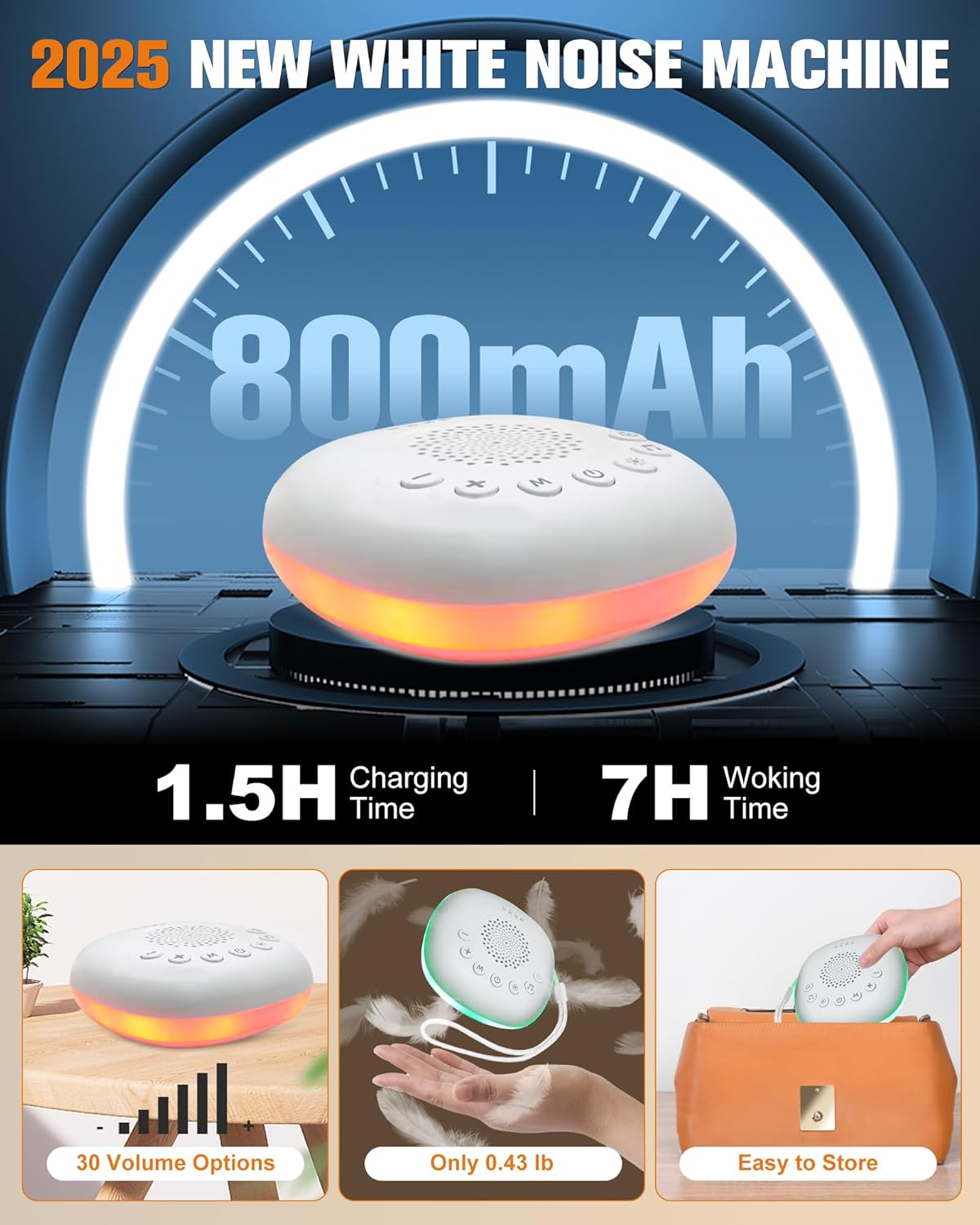 White Noise Sound Machine by [Brand Name] - Portable Sleep Aid with 20 Soothing Sounds & Night Light