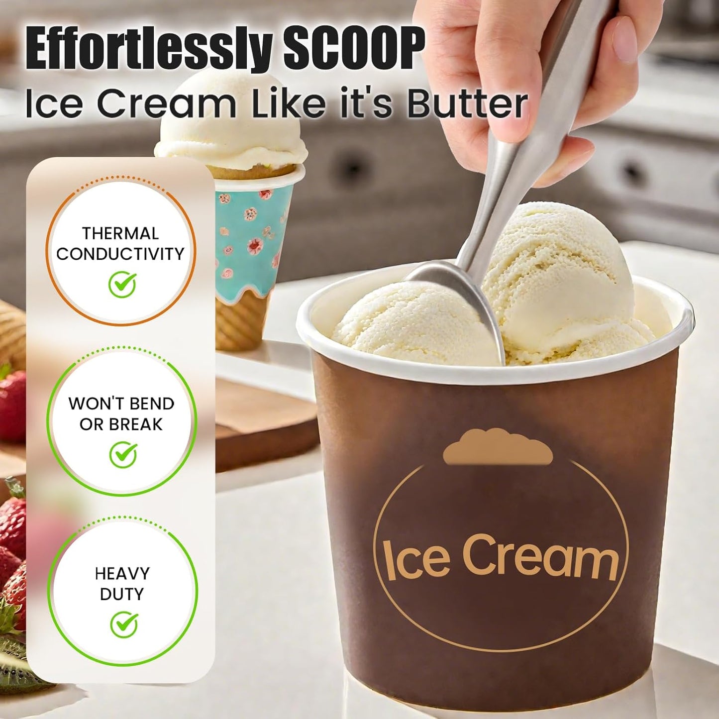 Skiennix Stainless Steel Ice Cream Scoop - Heavy Duty Ergonomic Handle for Gelato & Sorbet | Dishwasher Safe