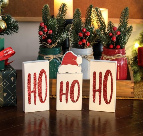 Ho Wood Christmas Blocks - Festive Wooden Tabletop Signs for Holiday Decor | 4 Pieces (White)
