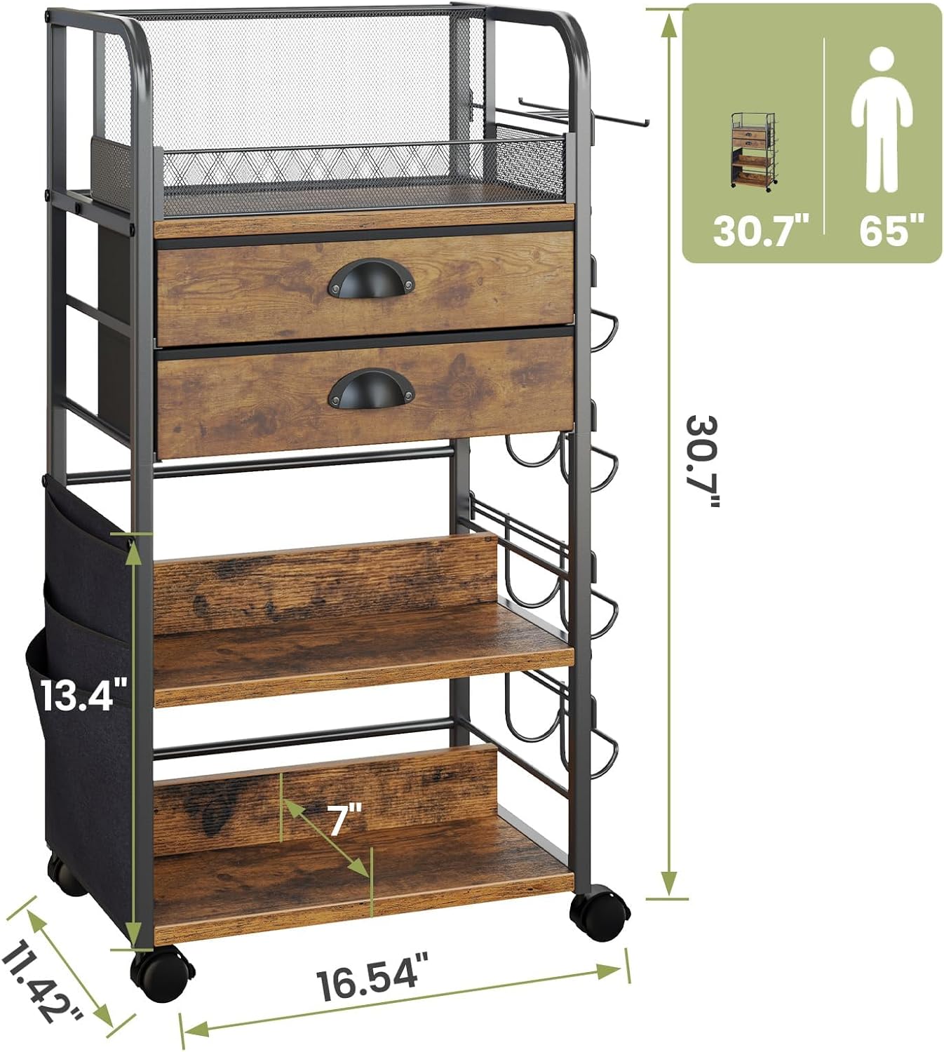 Wrapping Paper Storage Cart - Regine Switzerland Organizer with 2 Fabric Drawers & Lockable Wheels