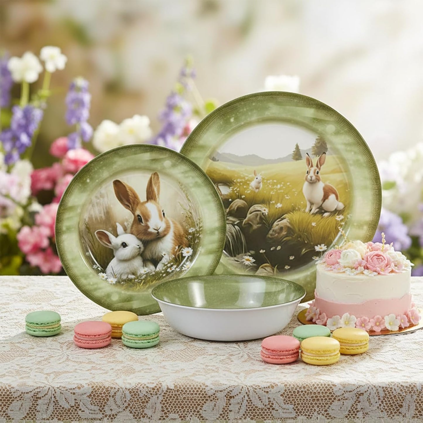 Skiennix 12-Piece Melamine Dinnerware Set - Lightweight Shatterproof Plates & Bowls for 4 | Green Bunny Design, Ideal for Outdoor Use