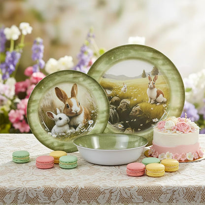 Skiennix 12-Piece Melamine Dinnerware Set - Lightweight Shatterproof Plates & Bowls for 4 | Green Bunny Design, Ideal for Outdoor Use