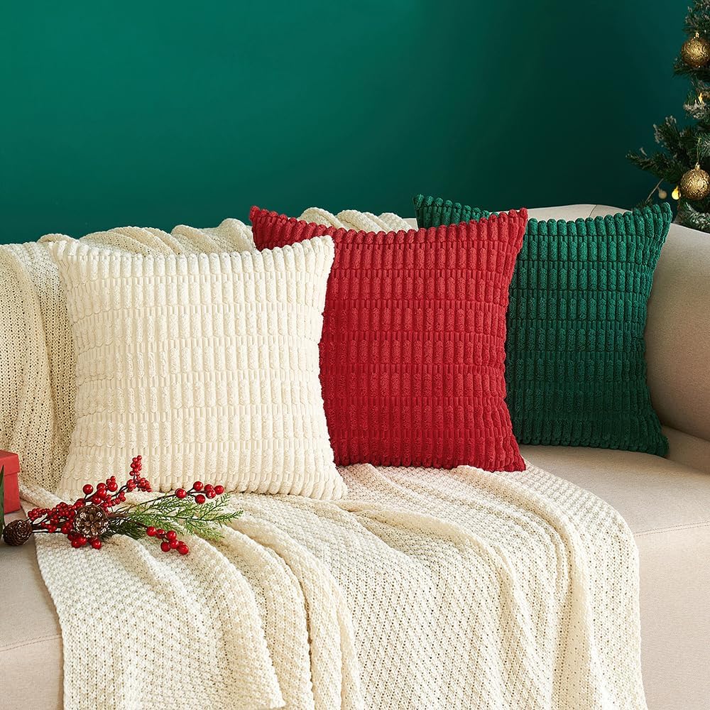 MIULEE Corduroy Throw Pillow Covers - Soft Boho Striped Design | 12x12 Inch Cream White Decor