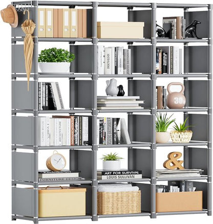 Mavivegue Bookshelf - Extra Large 18-Cube Storage Organizer | Grey Tall Bookcase for Home & Office