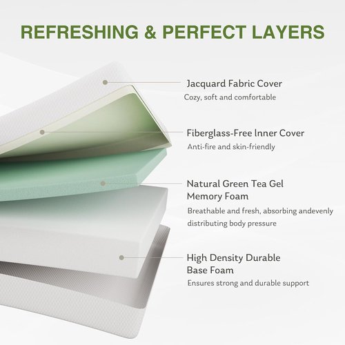 EGOHOME 8-Inch Queen Memory Foam Mattress - Cooling Green Tea Gel for Pressure Relief | CertiPUR-US Certified, 80''L x 60''W, White