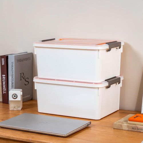 Citylife 17 QT Orange Plastic Storage Bin - Stackable Latching Box with Removable Tray for Organizing Tools and Crafts