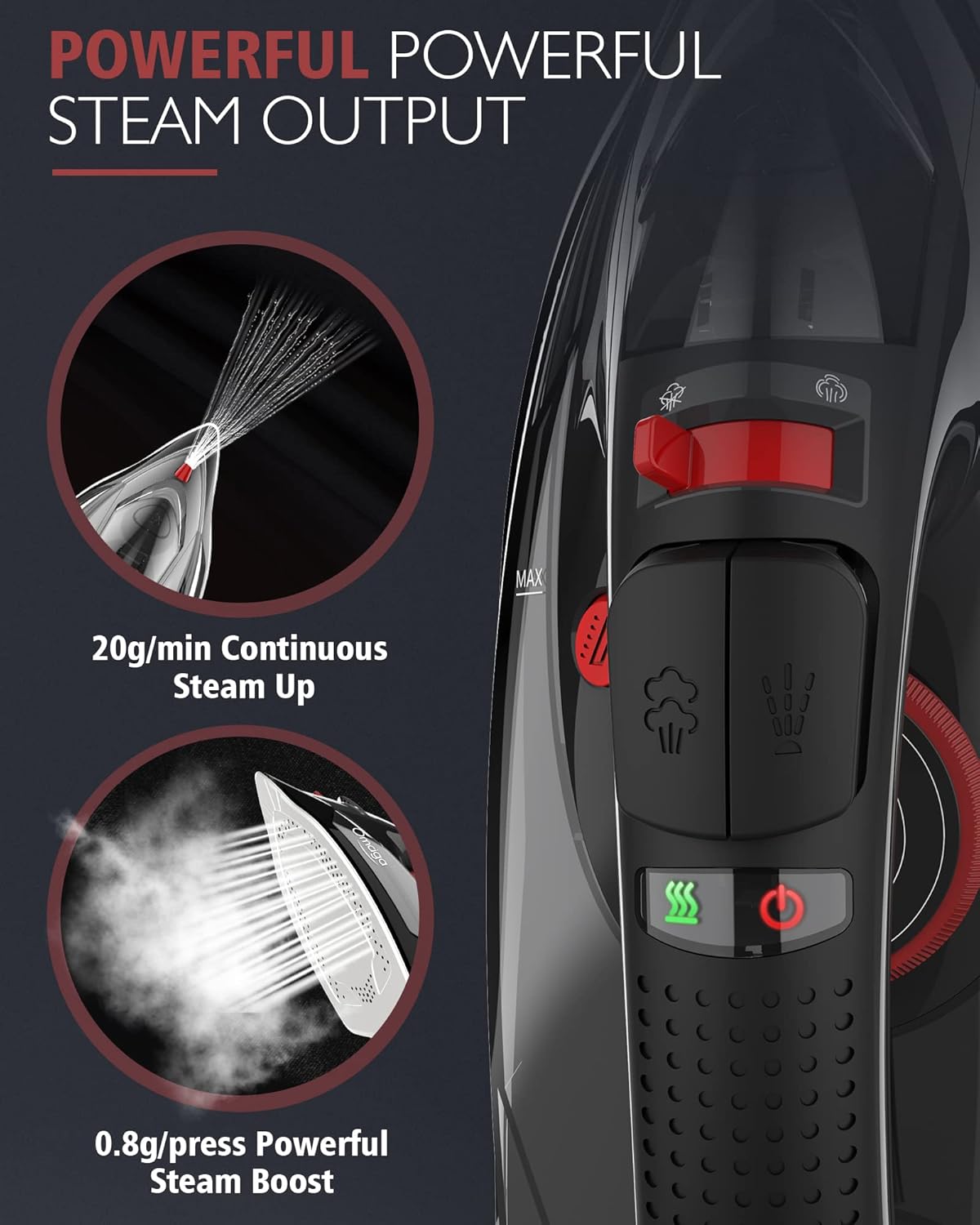 OMAIGA Cordless Steam Iron - 1500W Non-Stick Ceramic Soleplate, Auto Shut Off, 3 Temp Settings, Black