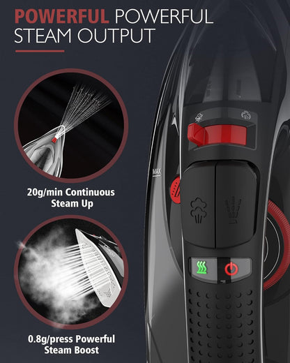 OMAIGA Cordless Steam Iron - 1500W Non-Stick Ceramic Soleplate, Auto Shut Off, 3 Temp Settings, Black