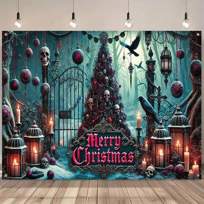Gothic Christmas Banner Large 71x43 Inch Holiday Fabric Backdrop with Skull Tree Ravens Candles - Multicolored