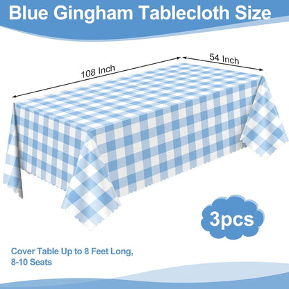 Skiennix Blue Gingham Tablecloths - 3 Pack Disposable Scalloped Design | 54 x 108 Inch for Events