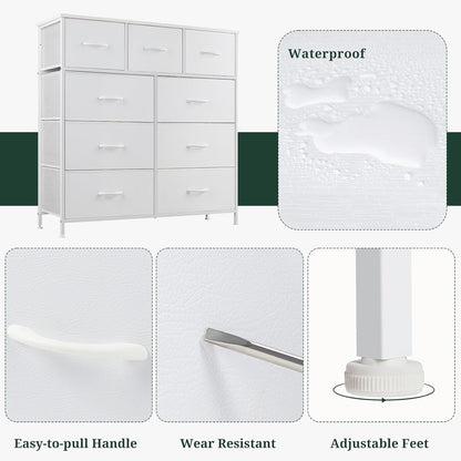 Regine Switzerland 9-Drawer Dresser - Anti-Tip Storage Organizer with Wooden Top & Metal Frame | White