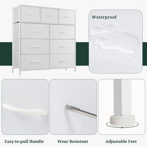 9-Drawer Dresser for Bedroom, Anti-Tip Tall Storage Organizer Chest of Drawers with Wooden Top and Metal Frame Fabric Bins for Closet, Living Room, Hallway, Entryway, White