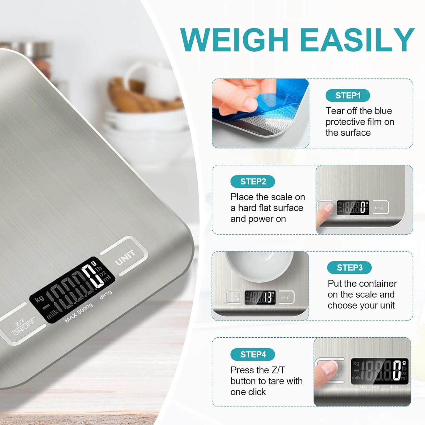 Skiennix Food Scale - 11lb Stainless Steel Digital Kitchen Scale with Tare Function & LCD Display | Perfect for Baking, Cooking, Dieting & Meal Prep