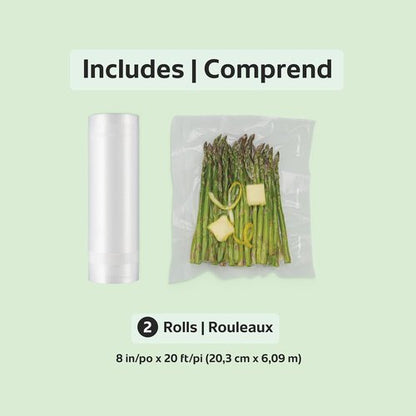 FoodSaver Vacuum Sealer Bags - Custom Fit Airtight Food Storage Rolls, 8" x 20' (Pack of 2)