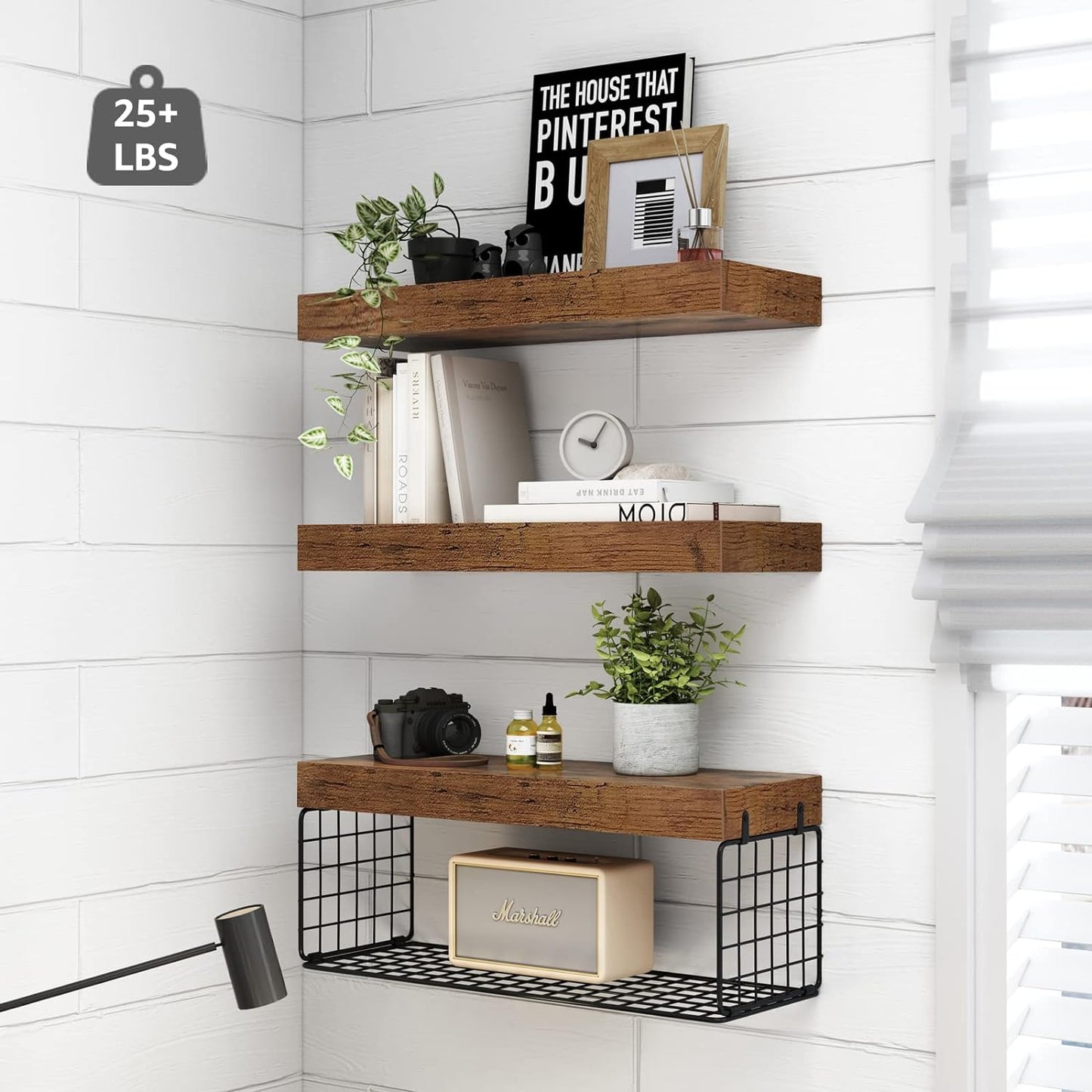 QEEIG Bathroom Shelves Over Toilet - Rustic Brown Wall-Mounted Floating Shelves | Set of 3, 16 Inch Toilet Paper Storage