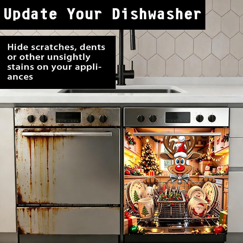 New Christmas Reindeer Dishwasher Door Sticker - Waterproof Vinyl Decal (Variation: New+Christmas Reindeer)
