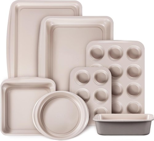 CAROTE 7-Piece Nonstick Bakeware Set - Versatile Baking Pans Including Cookie Sheets, Muffin & Loaf Pans, Gray & Khaki