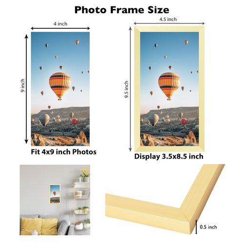JCJMY 4x9 Picture Frame Gold for Wall Hanging or Tabletop, Wall Mounting Horizontally or Vertically, 4 x 9 Wall Gallery Poster Photo Frame with Shatter Resistant Plexiglass, Gold