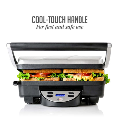 OVENTE Electric Panini Press Sandwich Maker, 1500W Indoor Grill with Nonstick Coated Plates, Digital Temperature and Timer Display, Removable Drip Tray, Perfect for 4-Slice Sandwiches, Silver GP1000BR