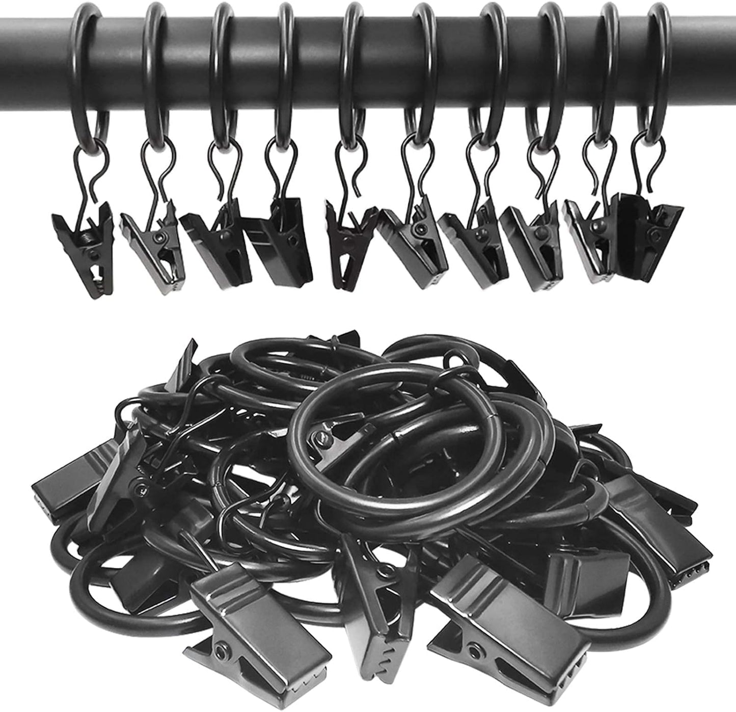 Skiennix 44 Pack Metal Curtain Rings - Durable Drapery Clips with 1-Inch Inner Diameter | Fits 5/8-Inch Rods, Black