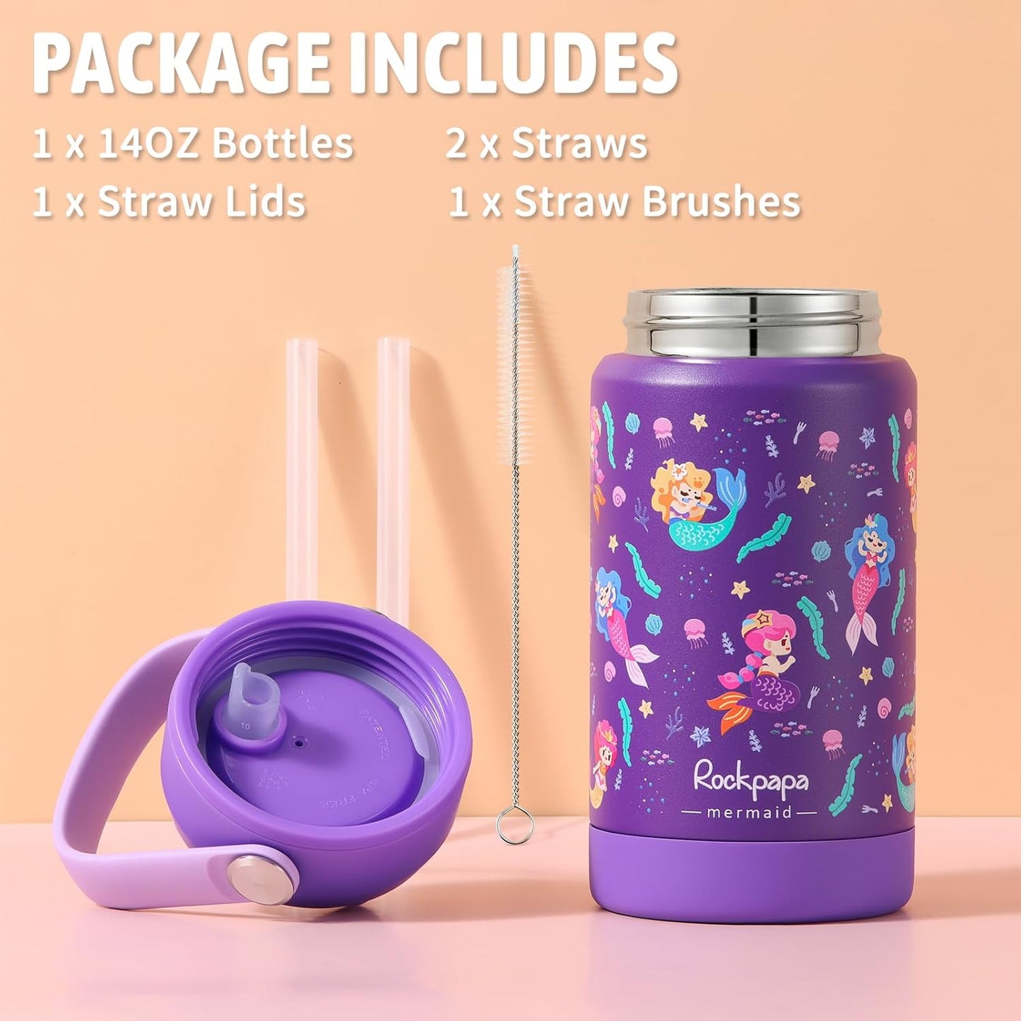 Rockpapa 14 oz Kids Insulated Water Bottle - BPA Free, Leak-Proof Design | Purple Mermaid