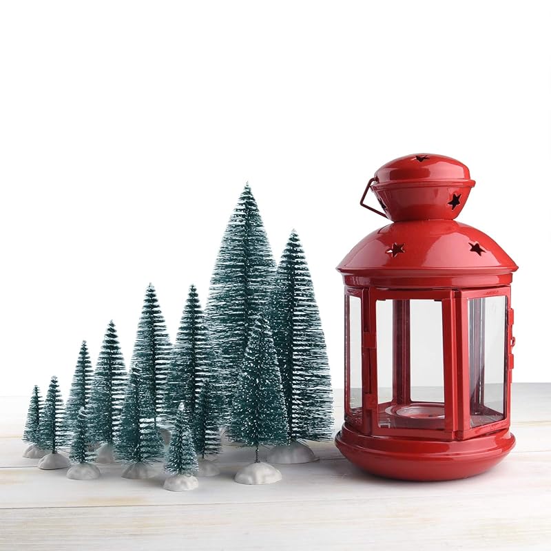 Dark Green 46Pcs Mini Bottle Brush Christmas Trees with Snow, 6 Sizes