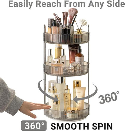 Asayuee 360 Rotating Makeup Organizer - Large 3-Tier Storage for Cosmetics & Skincare | Grey