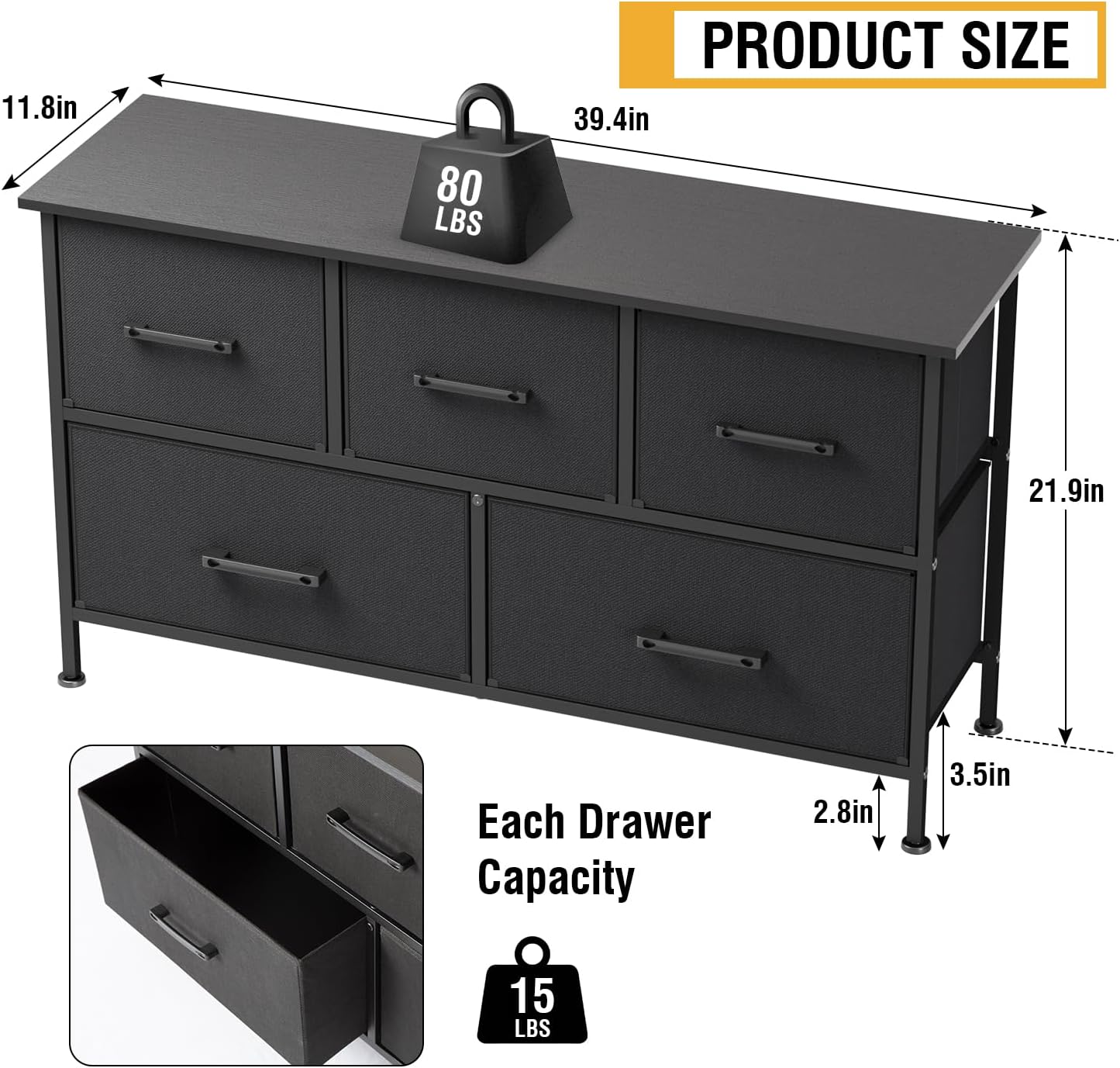 PayLessHere Fabric Dresser - 5-Drawer Wide Chest of Drawers with Metal Frame & Wood Top | Black Storage Unit for Bedroom & Living Room