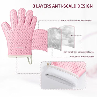 MAD SHARK Silicone Oven Mitts - Heat Resistant 450°F | Waterproof, Non-Slip, Cotton Lined - Pink