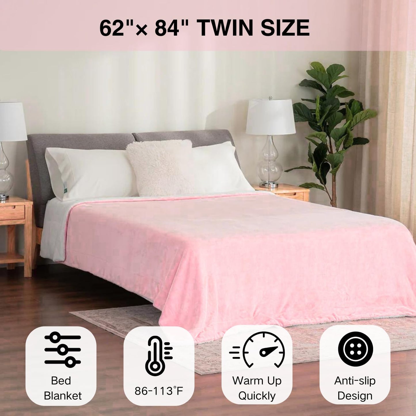 YANYEA Electric Heated Throw Blanket Sherpa 62"x84" Pink Machine Washable 6 Heat Settings 10 Hours Auto Off Overheat Protection for Home Office Use
