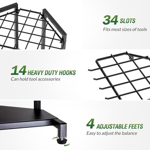 Garden Tool Organizer - Heavy Duty Metal Rack with 34 Storage Compartments & 14 Hooks for Tools