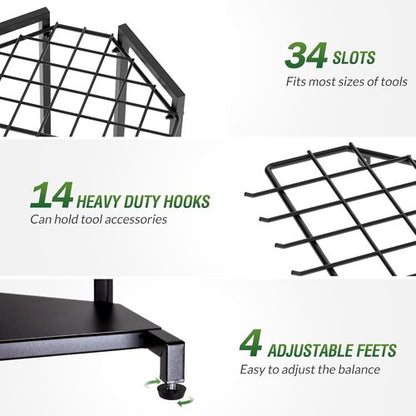 Garden Tool Organizer - Heavy Duty Metal Rack with 34 Storage Compartments & 14 Hooks for Tools