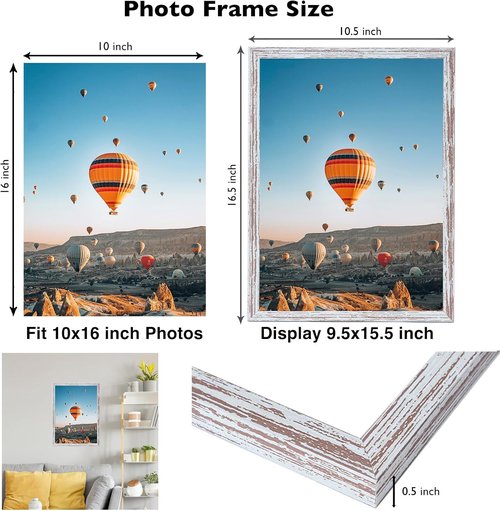 JCJMY 10x16 Rustic White Picture Frame - Wall Mountable for Horizontal or Vertical Display | Shatter-Resistant Plexiglass