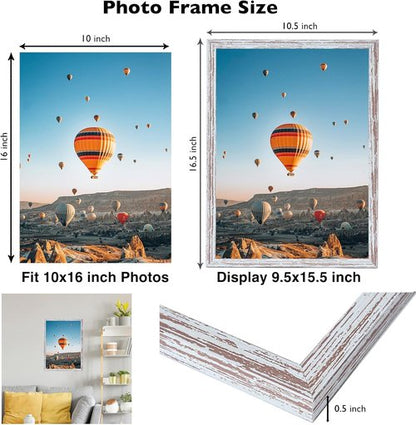 JCJMY 10x16 Rustic White Picture Frame - Wall Mountable for Horizontal or Vertical Display | Shatter-Resistant Plexiglass