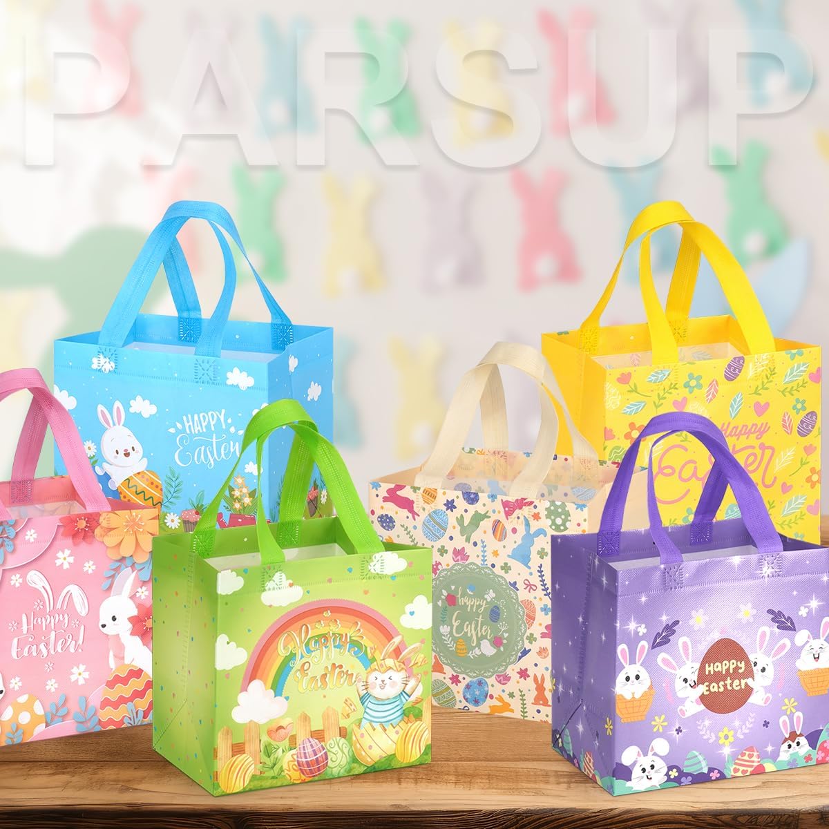 PARSUP 8 PACK Happy Easter Bunny Carrot Chick Egg Hunt Gift Treat Multifunctional Non-Woven Bags with Handles,Easter Party Supplies for Gifts Wrapping, 7.9×7.9×5.9inch
