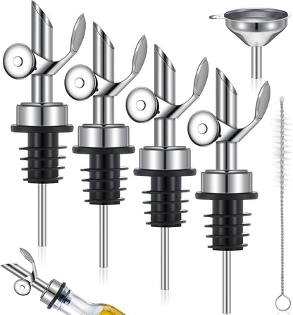 Tioncy 4 Pieces Weighted Stainless Steel Pourers Olive Oil Spout Olive Oil Dispenser Spout Automatic Opening and Closing with Funnel and Brush for Pouring Wine Syrup Kitchen(Silver)