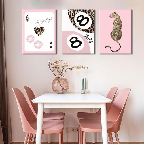 Funky Lucky You | Trendy Leopard Canvas Wall Art Set of 3 - Pink Cheetah Prints for Girls' Bedroom 12x16