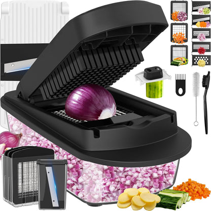 Skiennix 8-Blade Vegetable Chopper - All-in-One Mandoline Slicer with Container | Black Kitchen Essential
