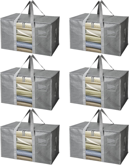 BALEINE 6-Pack Heavy-Duty Moving Bags - Oversized Storage Totes with Reinforced Handles (Gray w/Window)